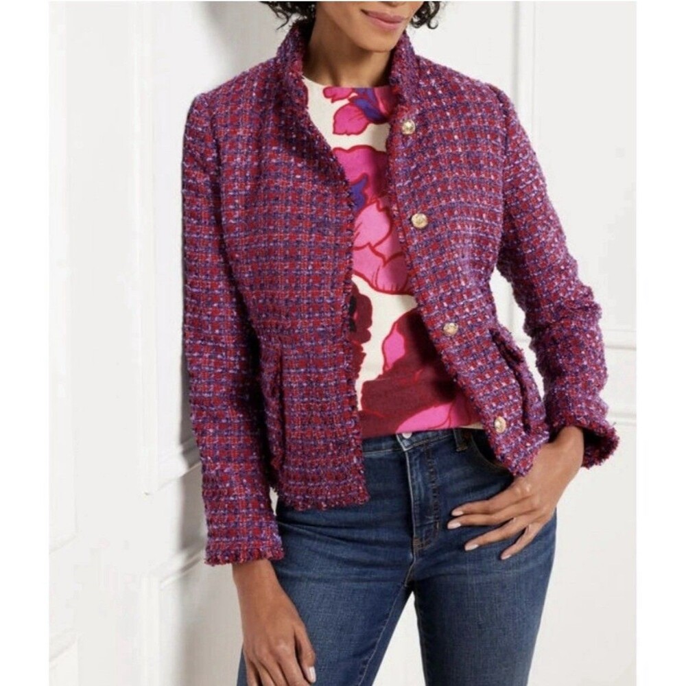 Talbots Tweed Blazer 16W Red Purple Buttons Houndstooth Lined Fringe Textured